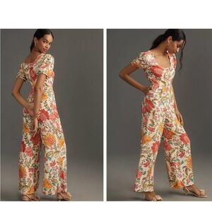 Farm Rio x Anthropologie Cream and Red Floral Jumpsuit with Wide-Leg Design